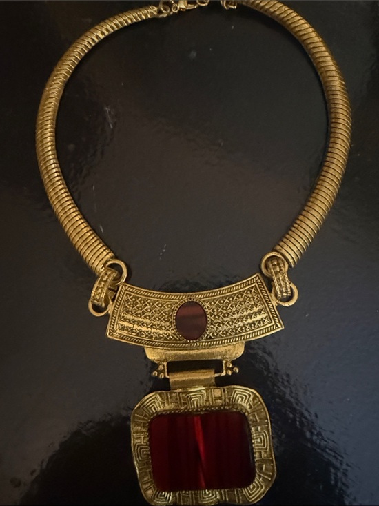 Jewelry - Gold-Tone Statement Necklace with Deep Red Accent - Women's Jewelry